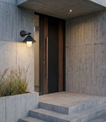 Applique murale extérieure noire, lumière chaude, près d’une porte d’entrée en bois dans une façade en béton.