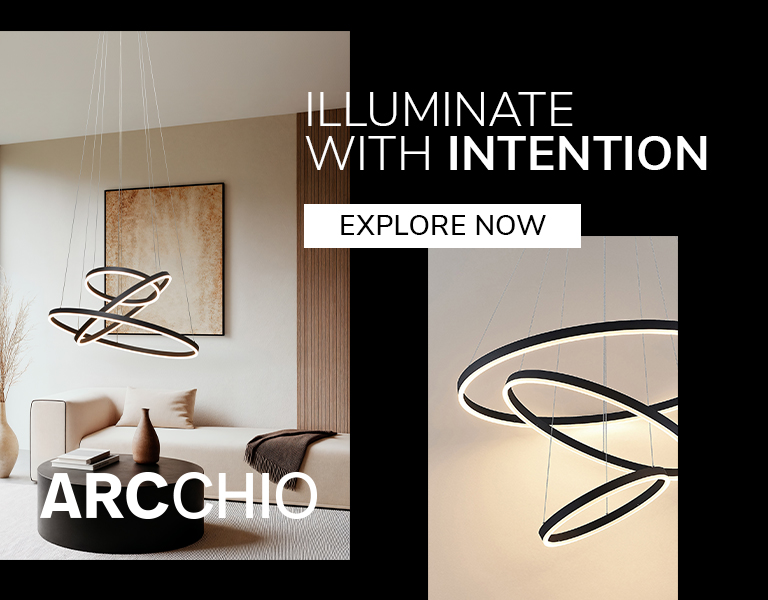 Explore now "Modern Arcchio pendant light with sculptural ring design illuminating a minimalist living room, featuring text ‘Illuminate with Intention’ and ‘Explore Now’.