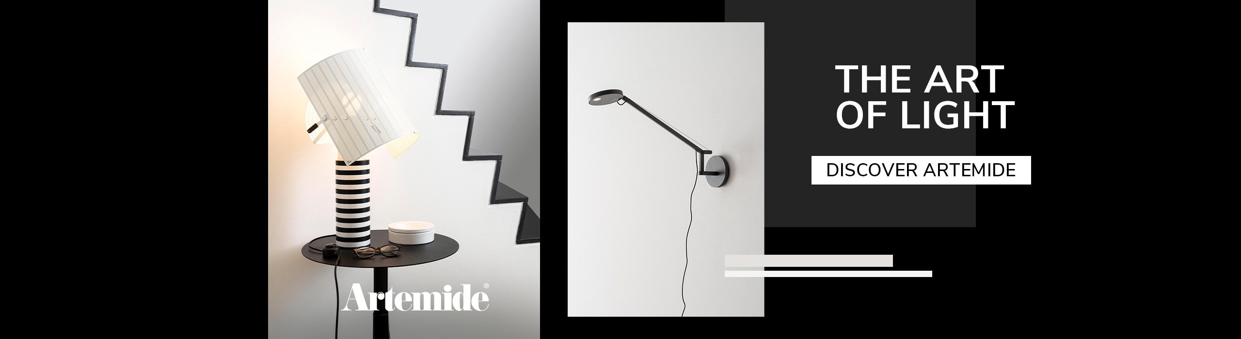 Discover artemide Artemide designer lamps including a striped table lamp with a tilted shade and a sleek wall-mounted light, emphasizing artistic modern lighting