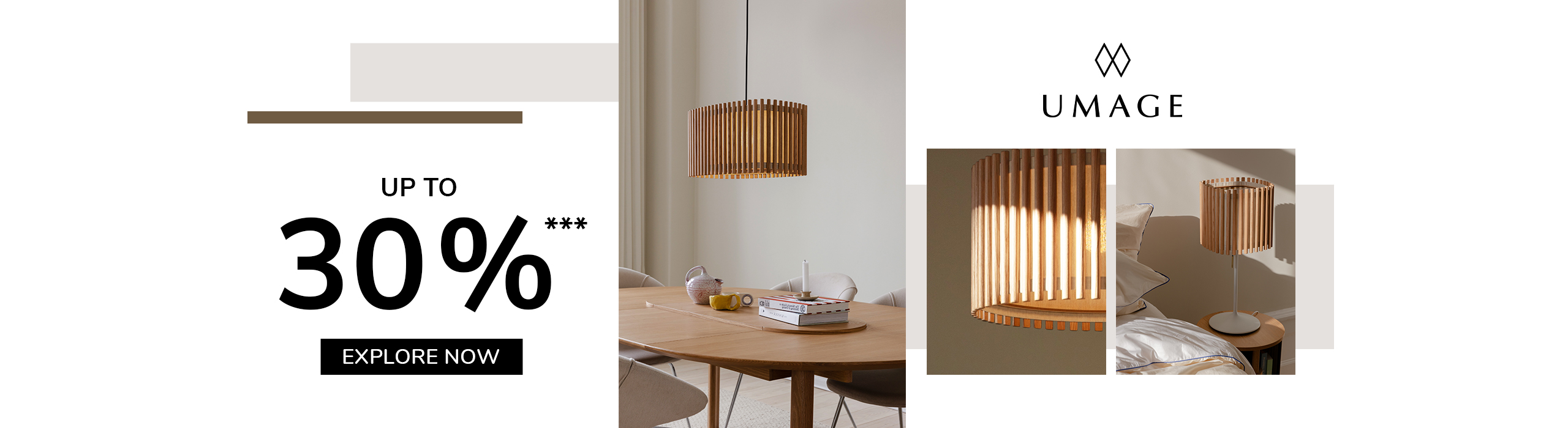 Explore now Umage wooden slat lamps in natural tones, including a pendant light above a dining table and a bedside table lamp.