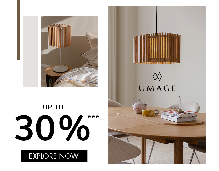 Explore now Umage wooden slat lamps in natural tones, including a pendant light above a dining table and a bedside table lamp.